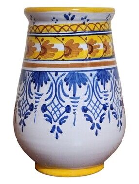 Vintage Talavera Espana Vase Hand Painted Floral Bulbous Shape Base Blue Yellow